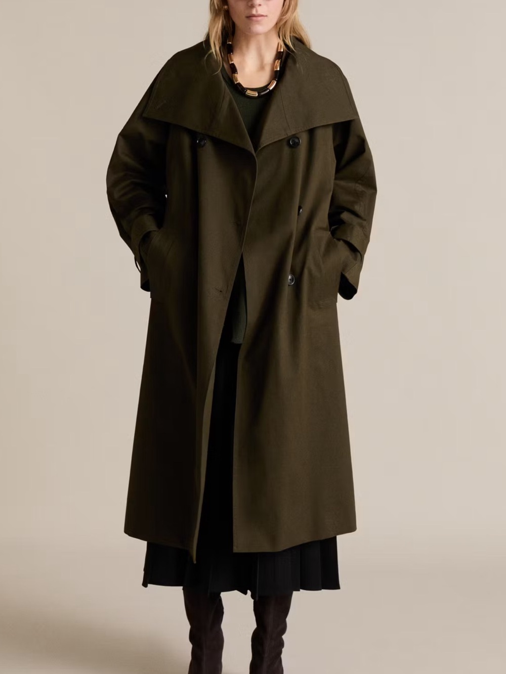 Mango Dark Olive Double-Breasted Long Trench Coat NWOT